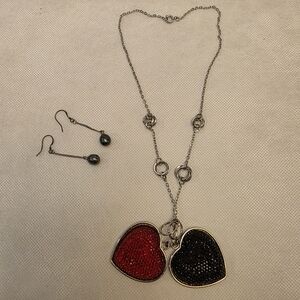 Heart Pendant Necklace and Earrings Set - Red and Black